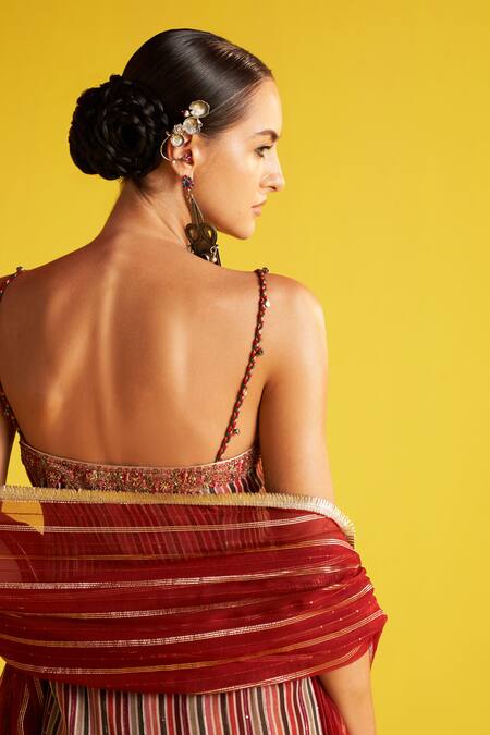 Buy_Studio Bagechaa_Maroon Organza, Cotton Embroidery, Sequins Sweetheart Floral Kurta Sharara Set _Online_at_Aza_Fashions