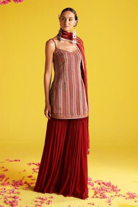 Shop_Studio Bagechaa_Maroon Organza, Cotton Embroidery, Sequins Sweetheart Floral Kurta Sharara Set _Online_at_Aza_Fashions