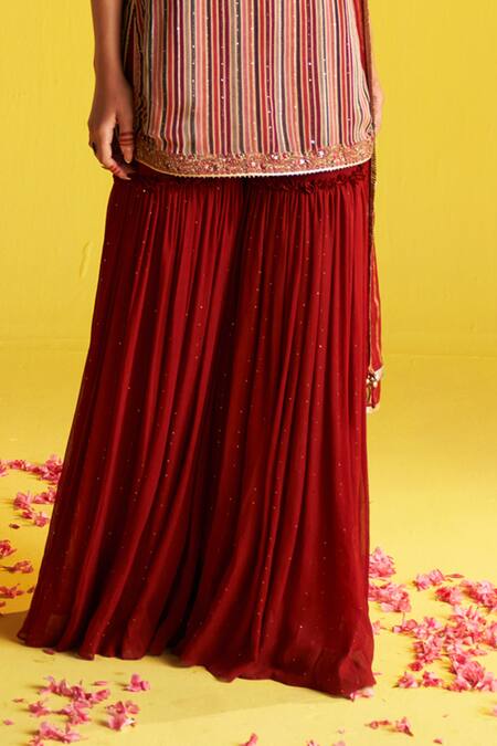 Studio Bagechaa_Maroon Organza, Cotton Embroidery, Sequins Sweetheart Floral Kurta Sharara Set _at_Aza_Fashions