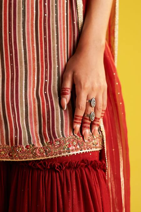 Shop_Studio Bagechaa_Maroon Organza, Cotton Embroidery, Sequins Sweetheart Floral Kurta Sharara Set 