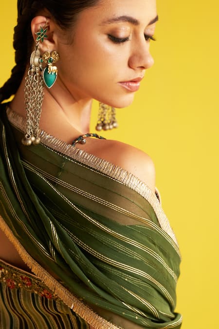 Buy_Studio Bagechaa_Green Organza, Cotton Embroidery, Sequins Sweetheart Floral Striped Kurta Set _Online_at_Aza_Fashions