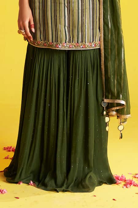 Shop_Studio Bagechaa_Green Organza, Cotton Embroidery, Sequins Sweetheart Floral Striped Kurta Set _Online_at_Aza_Fashions