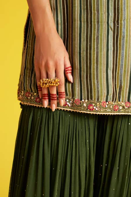 Studio Bagechaa_Green Organza, Cotton Embroidery, Sequins Sweetheart Floral Striped Kurta Set _at_Aza_Fashions