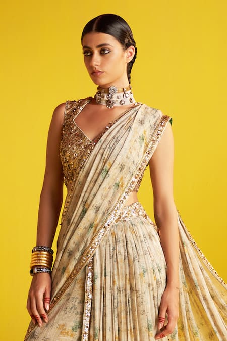 Shop Studio Bagechaa Beige Georgette, Linen Sequins Cowl Neck And Green Abstract Print Tiered Skirt Set at Aza Fashions Shop_Studio Bagechaa_Beige Georgette, Linen Sequins Cowl Neck And Green Abstract Print Tiered Skirt Set _at_Aza_Fashions