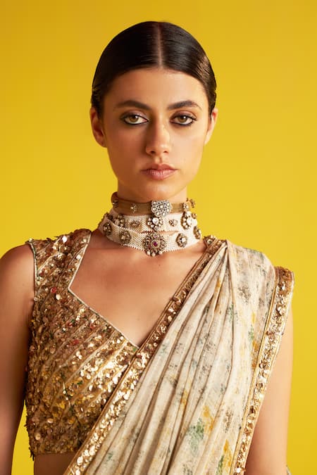 Studio Bagechaa Beige Georgette, Linen Sequins Cowl Neck And Green Abstract Print Tiered Skirt Set Online at Aza Fashions Studio Bagechaa_Beige Georgette, Linen Sequins Cowl Neck And Green Abstract Print Tiered Skirt Set _Online_at_Aza_Fashions