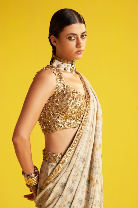 Buy Studio Bagechaa Beige Georgette, Linen Sequins Cowl Neck And Green Abstract Print Tiered Skirt Set Online at Aza Fashions Buy_Studio Bagechaa_Beige Georgette, Linen Sequins Cowl Neck And Green Abstract Print Tiered Skirt Set _Online_at_Aza_Fashions