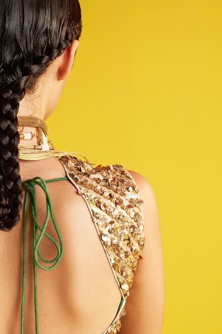 Shop Studio Bagechaa Beige Georgette, Linen Sequins Cowl Neck And Green Abstract Print Tiered Skirt Set Online at Aza Fashions Shop_Studio Bagechaa_Beige Georgette, Linen Sequins Cowl Neck And Green Abstract Print Tiered Skirt Set _Online_at_Aza_Fashions