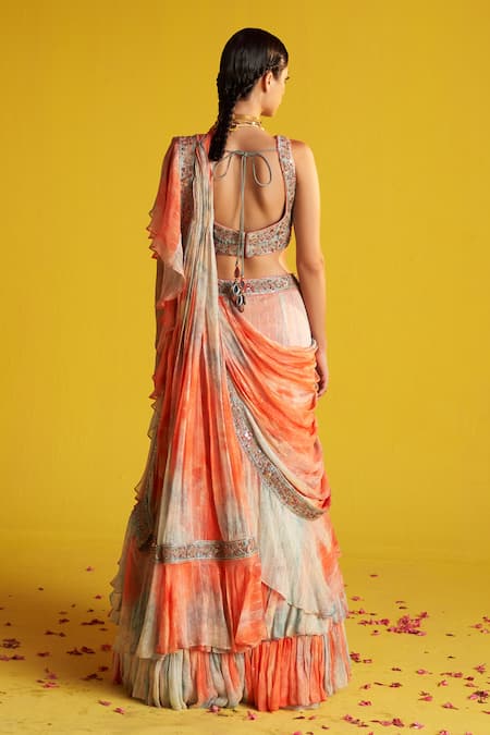 Studio Bagechaa Multi Color Tie Dye Pre-Draped Ruffle Saree 