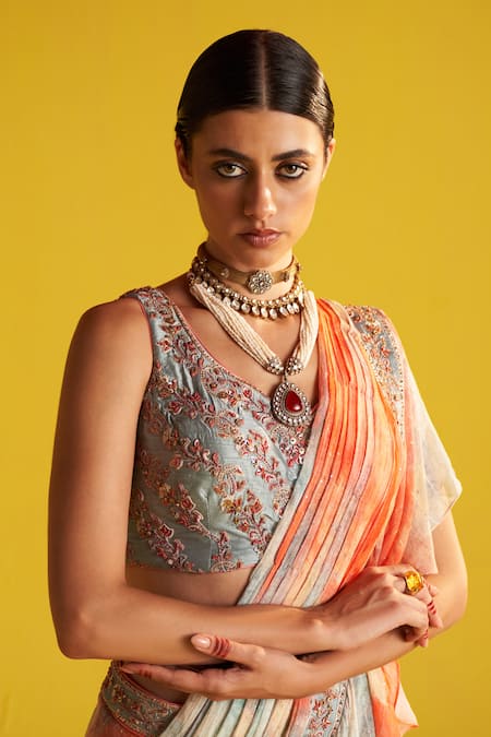 Buy_Studio Bagechaa_Blue Georgette, Linen Embroidery Multi Color Tie Dye Pre-draped Ruffle Saree _Online_at_Aza_Fashions