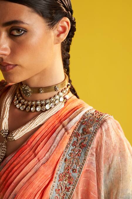 Shop_Studio Bagechaa_Blue Georgette, Linen Embroidery Multi Color Tie Dye Pre-draped Ruffle Saree _Online_at_Aza_Fashions