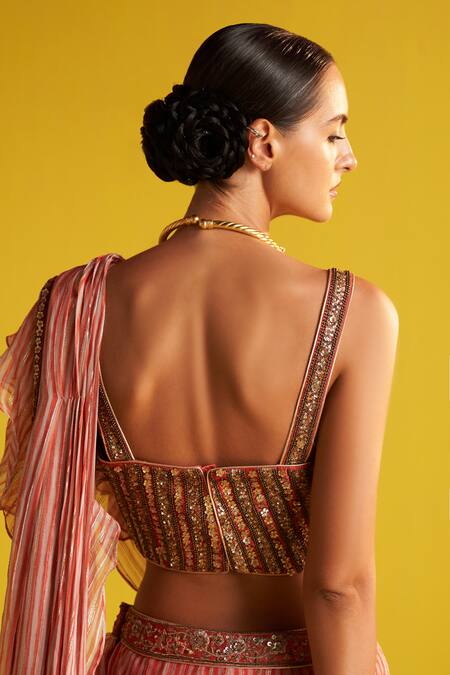 Buy_Studio Bagechaa_Ivory Georgette, Linen Sequins, Embroidery And Peach Striped Ruffle Saree Set _Online_at_Aza_Fashions