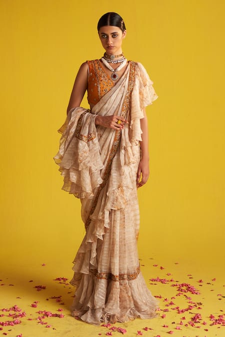 Studio Bagechaa Abstract Print Pre-Draped Ruffle Saree Set 