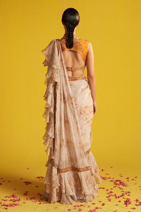 Studio Bagechaa Abstract Print Pre-Draped Ruffle Saree Set 