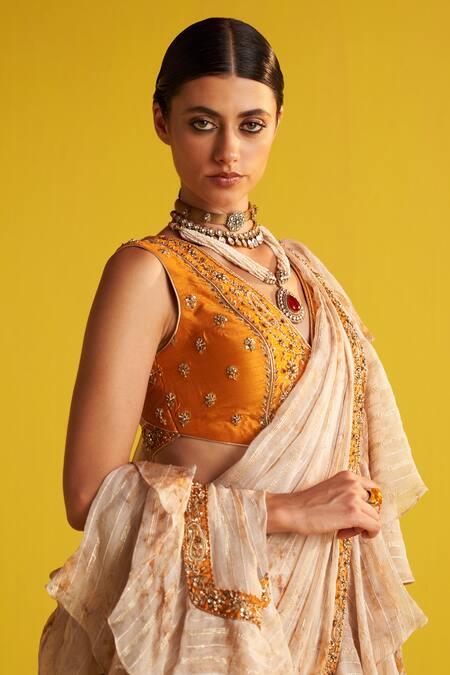 Buy Studio Bagechaa Orange Georgette Sequins, Embroidery Abstract Print Pre-draped Ruffle Saree Set Online at Aza Fashions Buy_Studio Bagechaa_Orange Georgette Sequins, Embroidery Abstract Print Pre-draped Ruffle Saree Set _Online_at_Aza_Fashions