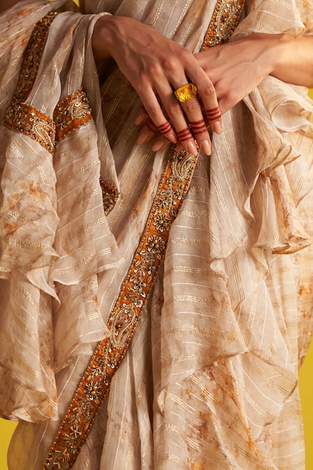 Shop Studio Bagechaa Orange Georgette Sequins, Embroidery Abstract Print Pre-draped Ruffle Saree Set Online at Aza Fashions Shop_Studio Bagechaa_Orange Georgette Sequins, Embroidery Abstract Print Pre-draped Ruffle Saree Set _Online_at_Aza_Fashions