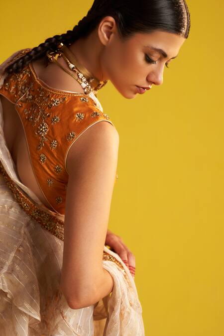 Studio Bagechaa Orange Georgette Sequins, Embroidery Abstract Print Pre-draped Ruffle Saree Set at Aza Fashions Studio Bagechaa_Orange Georgette Sequins, Embroidery Abstract Print Pre-draped Ruffle Saree Set _at_Aza_Fashions