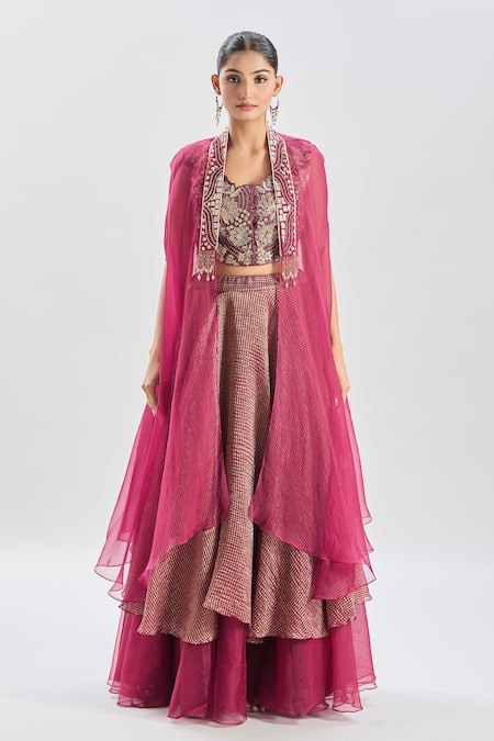 Buy Shreeka Wine Cotton Crystals, Pearls, Embroidery Collared Phoenix Bird Cape Skirt Set Buy_Shreeka_Wine Cotton Crystals, Pearls, Embroidery Collared Phoenix Bird Cape Skirt Set