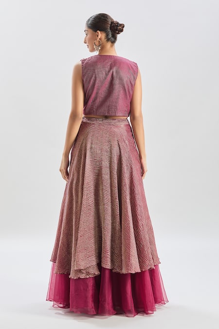 Shop Shreeka Wine Cotton Crystals, Pearls, Embroidery Collared Phoenix Bird Cape Skirt Set Shop_Shreeka_Wine Cotton Crystals, Pearls, Embroidery Collared Phoenix Bird Cape Skirt Set