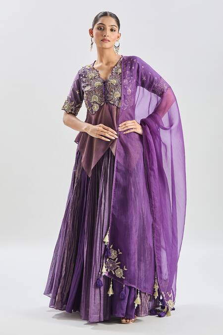 Shreeka_Purple Crepe, Chanderi, Chiffon Sequins, Floral Peplum Top And Skirt Set _Online_at_Aza_Fashions