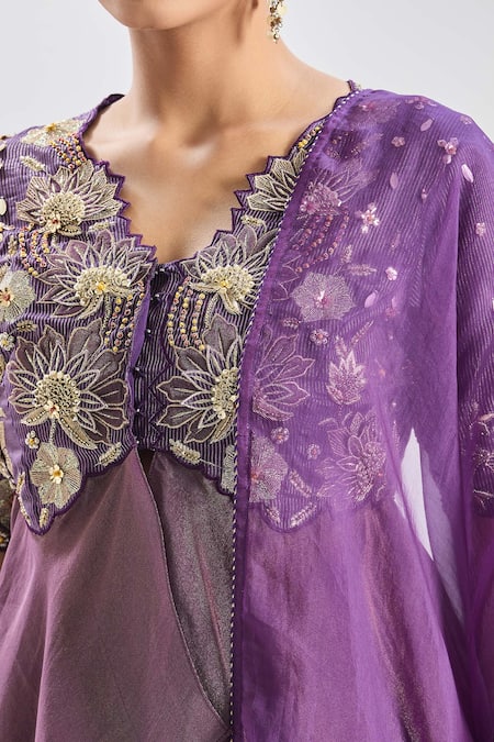 Buy_Shreeka_Purple Crepe, Chanderi, Chiffon Sequins, Floral Peplum Top And Skirt Set _Online_at_Aza_Fashions