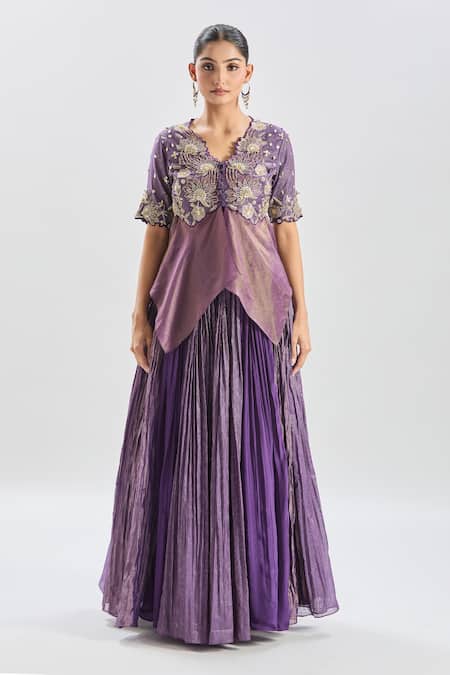Shreeka_Purple Crepe, Chanderi, Chiffon Sequins, Floral Peplum Top And Skirt Set _at_Aza_Fashions