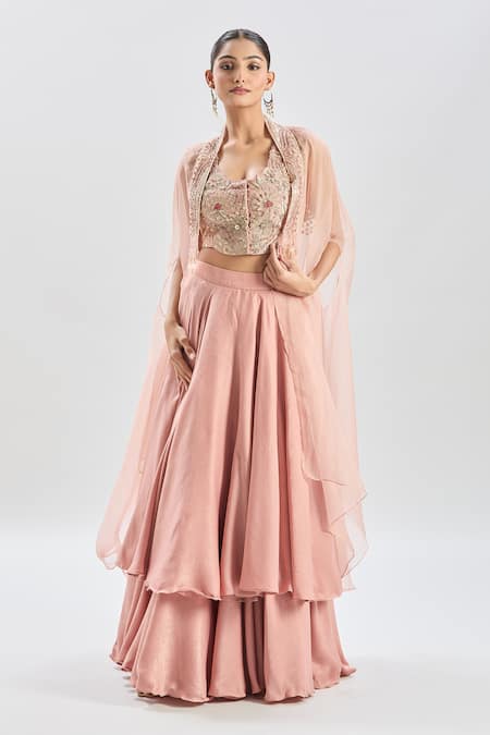 Shreeka_Pink Satin, Silk Organza Embroidery, Crystals, Pearls Floral Cape And Skirt Set _Online_at_Aza_Fashions