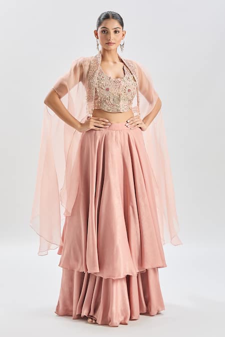 Buy_Shreeka_Pink Satin, Silk Organza Embroidery, Crystals, Pearls Floral Cape And Skirt Set _Online_at_Aza_Fashions