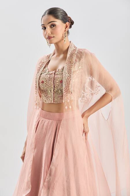 Shop_Shreeka_Pink Satin, Silk Organza Embroidery, Crystals, Pearls Floral Cape And Skirt Set _Online_at_Aza_Fashions