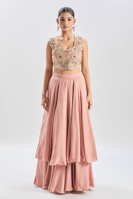 Buy_Shreeka_Pink Satin, Silk Organza Embroidery, Crystals, Pearls Floral Cape And Skirt Set 