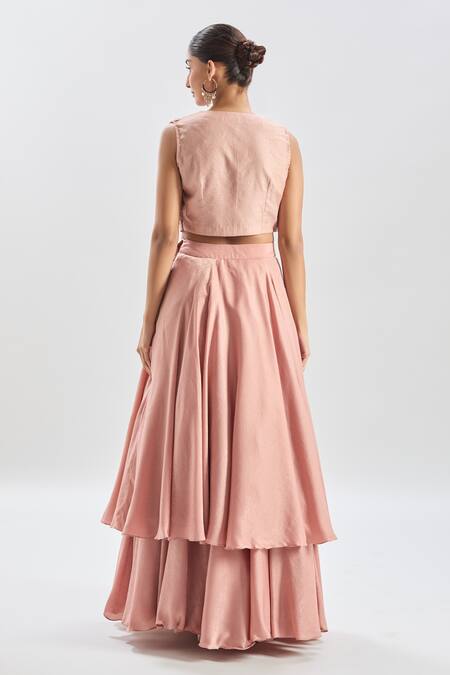 Shop_Shreeka_Pink Satin, Silk Organza Embroidery, Crystals, Pearls Floral Cape And Skirt Set 