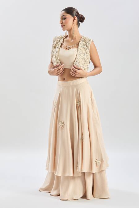 Buy Shreeka Ivory Georgette, Satin Pearls, Crystals Resham Embroidered Jacket Skirt Set Online at Aza Fashions Buy_Shreeka_Ivory Georgette, Satin Pearls, Crystals Resham Embroidered Jacket Skirt Set _Online_at_Aza_Fashions