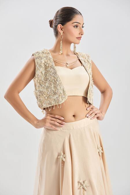 Shop Shreeka Ivory Georgette, Satin Pearls, Crystals Resham Embroidered Jacket Skirt Set Online at Aza Fashions Shop_Shreeka_Ivory Georgette, Satin Pearls, Crystals Resham Embroidered Jacket Skirt Set _Online_at_Aza_Fashions