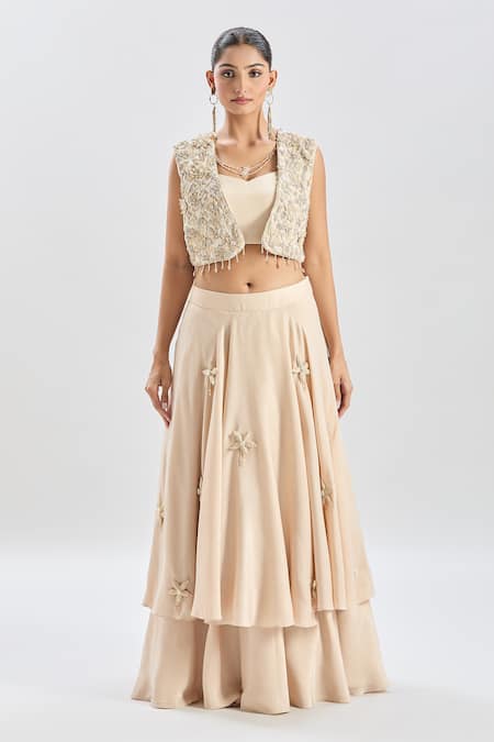 Buy Shreeka Ivory Georgette, Satin Pearls, Crystals Resham Embroidered Jacket Skirt Set Buy_Shreeka_Ivory Georgette, Satin Pearls, Crystals Resham Embroidered Jacket Skirt Set