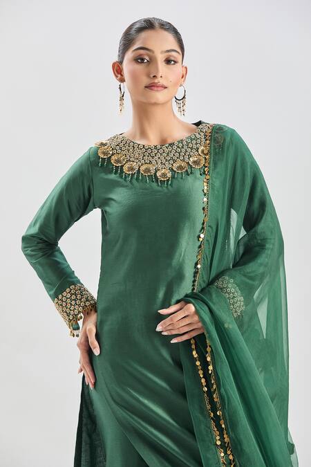 Shreeka_Green Silk Organza Crystals, Sequins, Beads, Zari Zardozi Embroidered Kurta Set _Online_at_Aza_Fashions