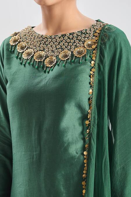 Buy_Shreeka_Green Silk Organza Crystals, Sequins, Beads, Zari Zardozi Embroidered Kurta Set _Online_at_Aza_Fashions