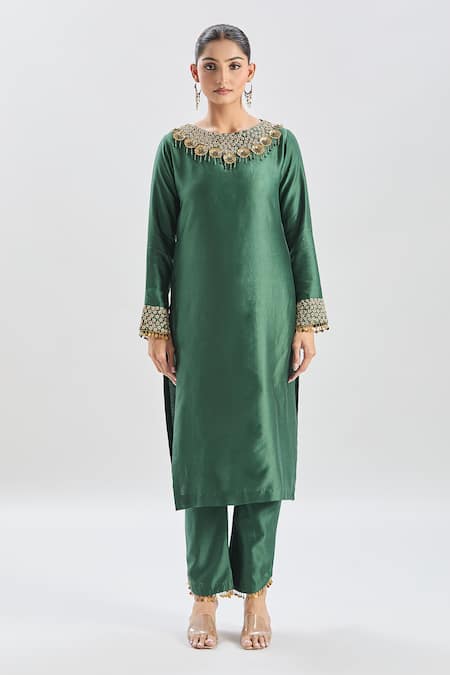 Shreeka_Green Silk Organza Crystals, Sequins, Beads, Zari Zardozi Embroidered Kurta Set _at_Aza_Fashions