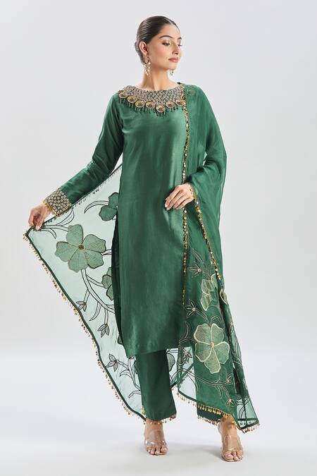 Buy_Shreeka_Green Silk Organza Crystals, Sequins, Beads, Zari Zardozi Embroidered Kurta Set 