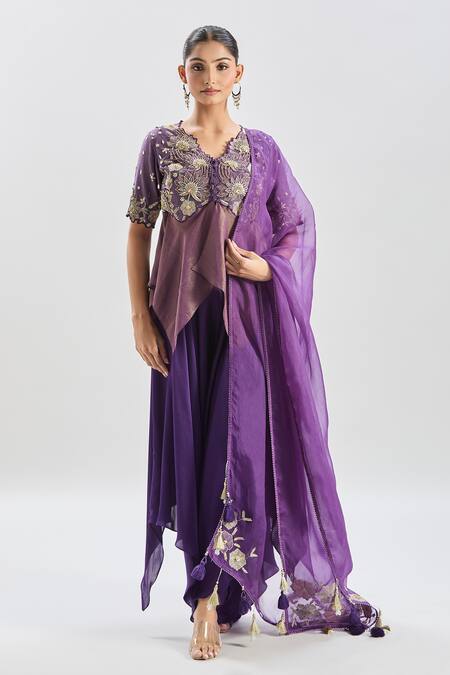 Shreeka Purple Modal, Viscose, Satin Embroidery, Sequins, Floral Peplum Top And Pant Set Online at Aza Fashions Shreeka_Purple Modal, Viscose, Satin Embroidery, Sequins, Floral Peplum Top And Pant Set _Online_at_Aza_Fashions