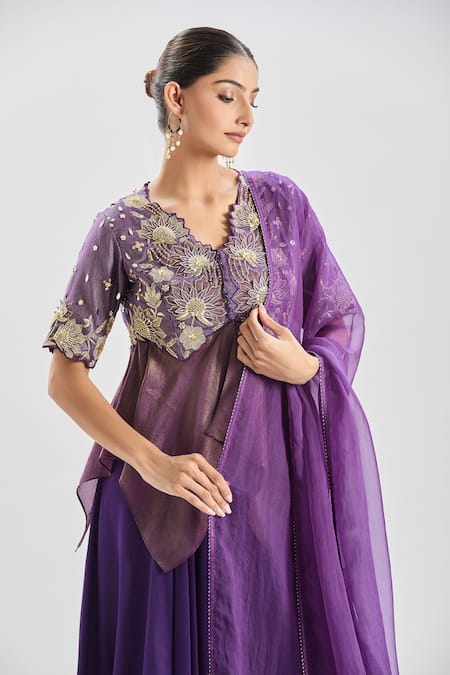 Buy Shreeka Purple Modal, Viscose, Satin Embroidery, Sequins, Floral Peplum Top And Pant Set Online at Aza Fashions Buy_Shreeka_Purple Modal, Viscose, Satin Embroidery, Sequins, Floral Peplum Top And Pant Set _Online_at_Aza_Fashions