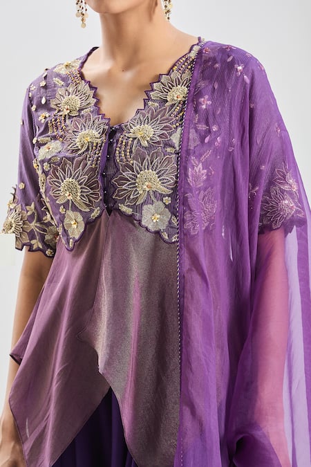Shop Shreeka Purple Modal, Viscose, Satin Embroidery, Sequins, Floral Peplum Top And Pant Set Online at Aza Fashions Shop_Shreeka_Purple Modal, Viscose, Satin Embroidery, Sequins, Floral Peplum Top And Pant Set _Online_at_Aza_Fashions