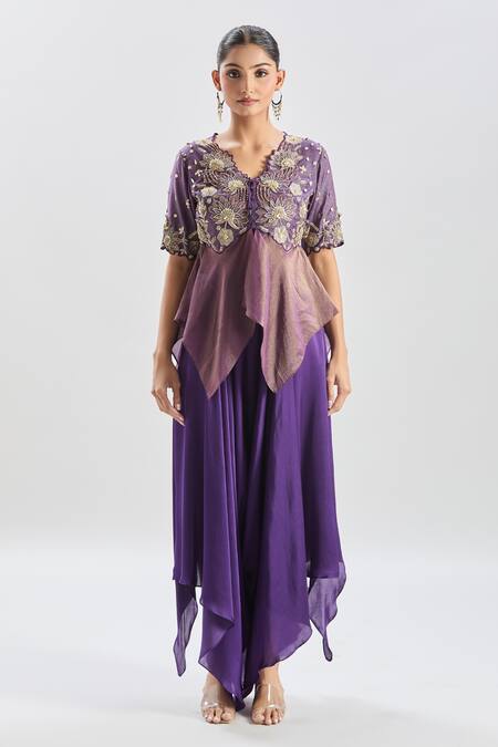 Shreeka Purple Modal, Viscose, Satin Embroidery, Sequins, Floral Peplum Top And Pant Set at Aza Fashions Shreeka_Purple Modal, Viscose, Satin Embroidery, Sequins, Floral Peplum Top And Pant Set _at_Aza_Fashions