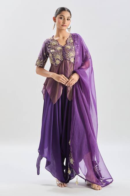 Buy Shreeka Purple Modal, Viscose, Satin Embroidery, Sequins, Floral Peplum Top And Pant Set Buy_Shreeka_Purple Modal, Viscose, Satin Embroidery, Sequins, Floral Peplum Top And Pant Set