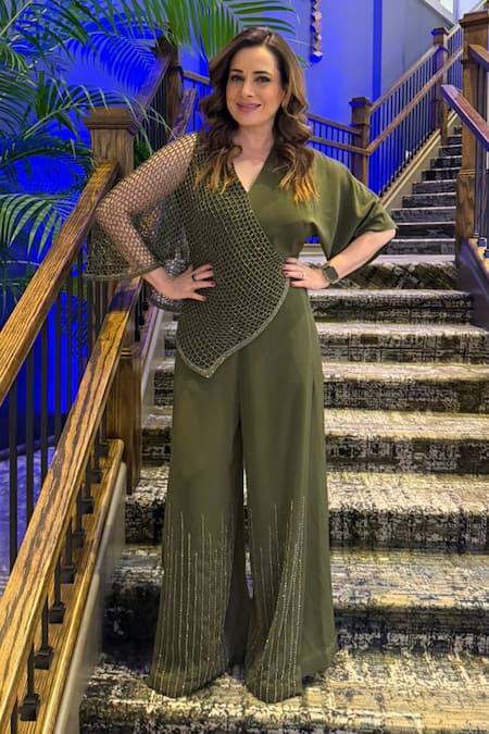 Shop_Babita Malkani_Green Crepe Beads, Crystals V-neck Geometric Embroidered Olive Jumpsuit _at_Aza_Fashions