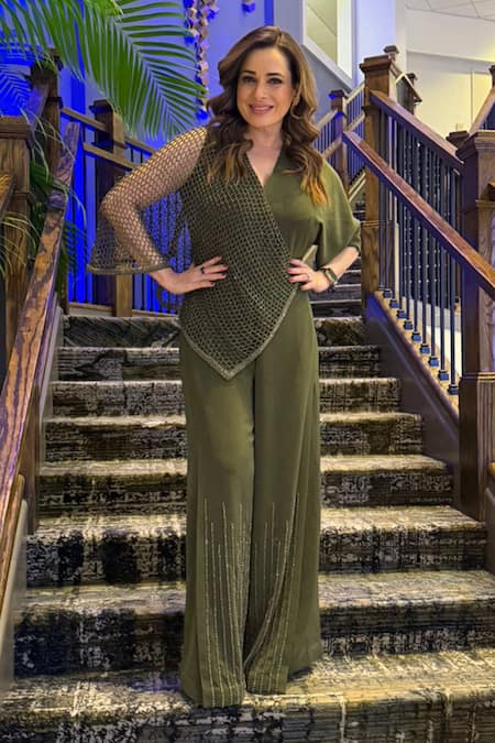 Babita Malkani_Green Crepe Beads, Crystals V-neck Geometric Embroidered Olive Jumpsuit _Online_at_Aza_Fashions
