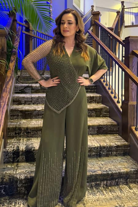 Buy_Babita Malkani_Green Crepe Beads, Crystals V-neck Geometric Embroidered Olive Jumpsuit _Online_at_Aza_Fashions