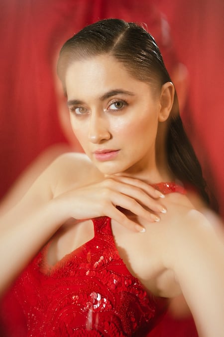 Babita Malkani_Red Crepe, Net, Chiffon Sequins, Cut Work Embroidered Romper And Mesh Skirt Set _Online_at_Aza_Fashions