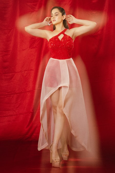 Shop_Babita Malkani_Red Crepe, Net, Chiffon Sequins, Cut Work Embroidered Romper And Mesh Skirt Set 