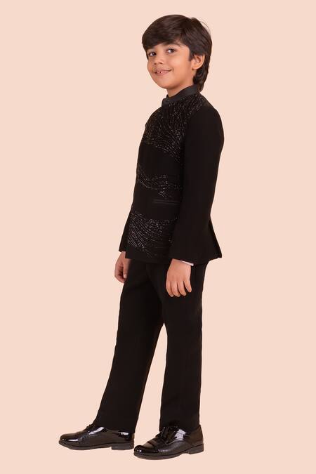 Partykles_Black Brocade Embroidery Wave Bandhgala Set _Online_at_Aza_Fashions