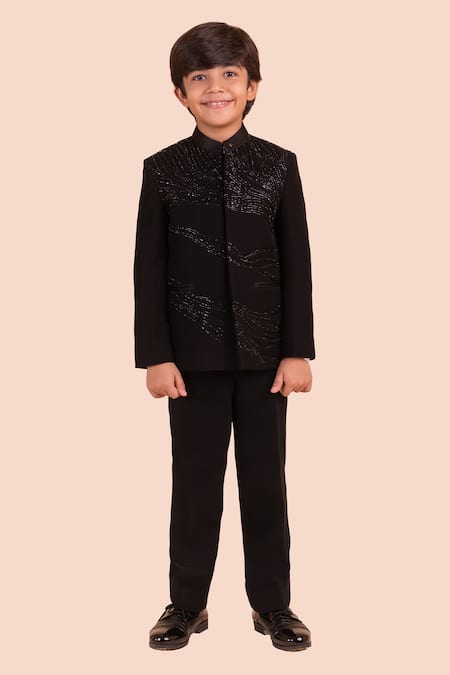 Buy_Partykles_Black Brocade Embroidery Wave Bandhgala Set _Online_at_Aza_Fashions