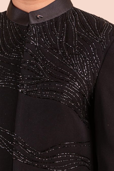 Shop_Partykles_Black Brocade Embroidery Wave Bandhgala Set _Online_at_Aza_Fashions